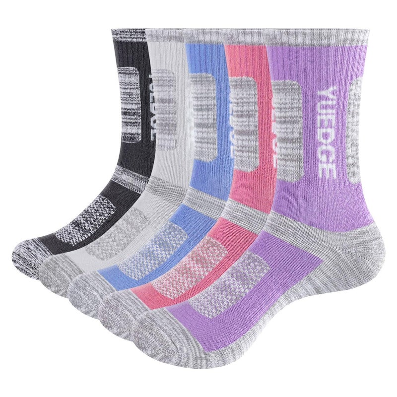 YUEDGE Women's Outdoor Hiking Socks Moisture Wicking Cotton Cushioned Crew Athletic Socks Padded Boot Socks For Women Size 9-12, Mulitcolor, 5 Pairs - Image 1